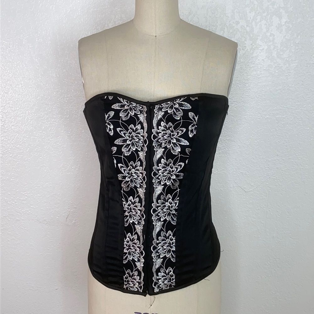 Vintage Fredericks of Hollywood black floral embroidered corset L